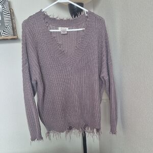 Frayed Hem V-Neck Sweater